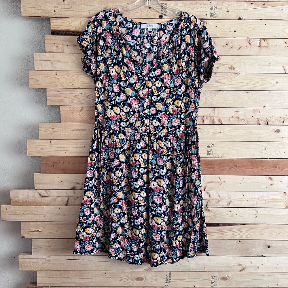 LOFT Multi Color floral Print Vneck Cottagecore Dress size XS